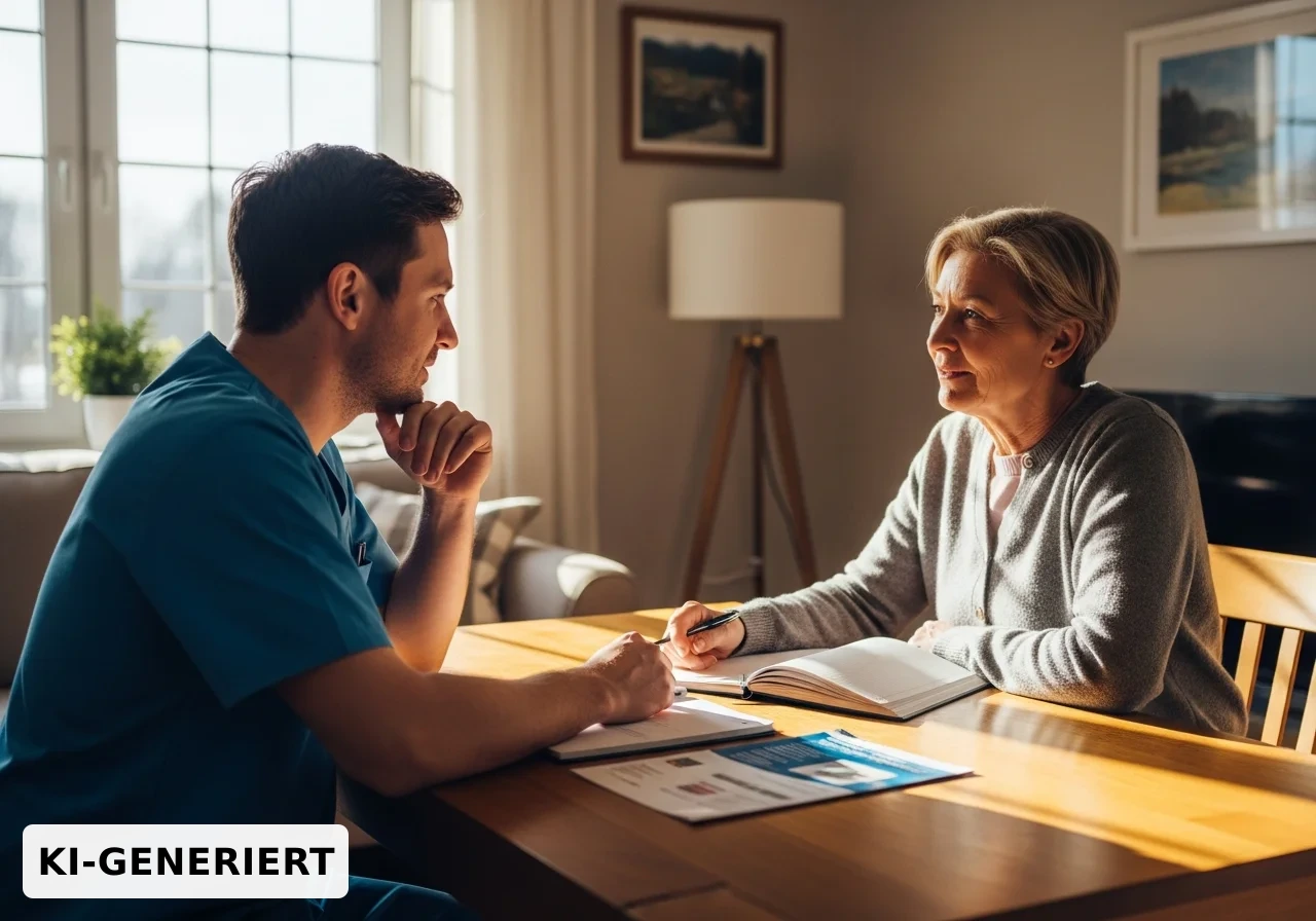 Pflegekraft im Beratungsgespräch mit einer Angehörigen im Wohnzimmer